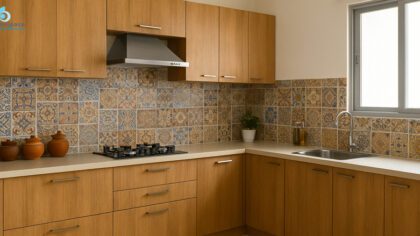 Modern Indian kitchen with vitrified floor tiles and ceramic backsplash tiles