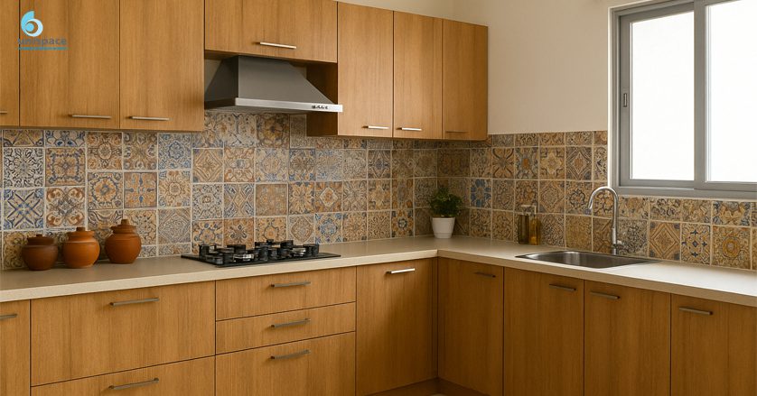 Modern Indian kitchen with vitrified floor tiles and ceramic backsplash tiles