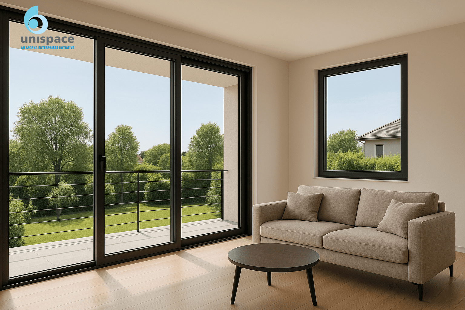 Aluminium sliding doors and windows in modern living room with garden view