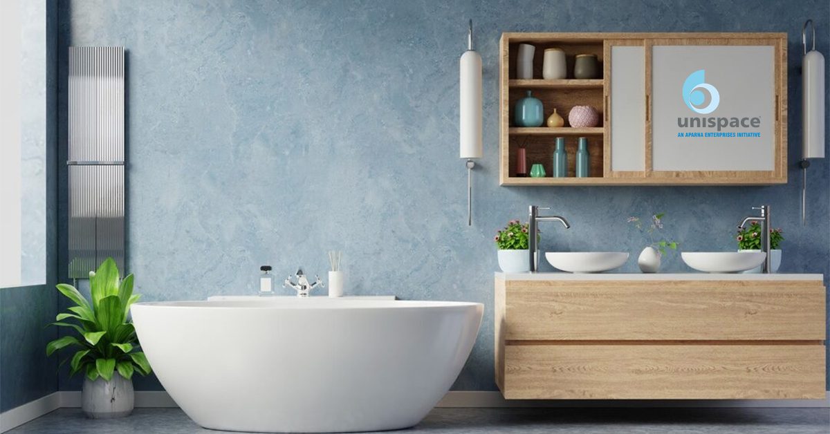 Modern bathroom with freestanding bathtub and wooden vanity by Unispace